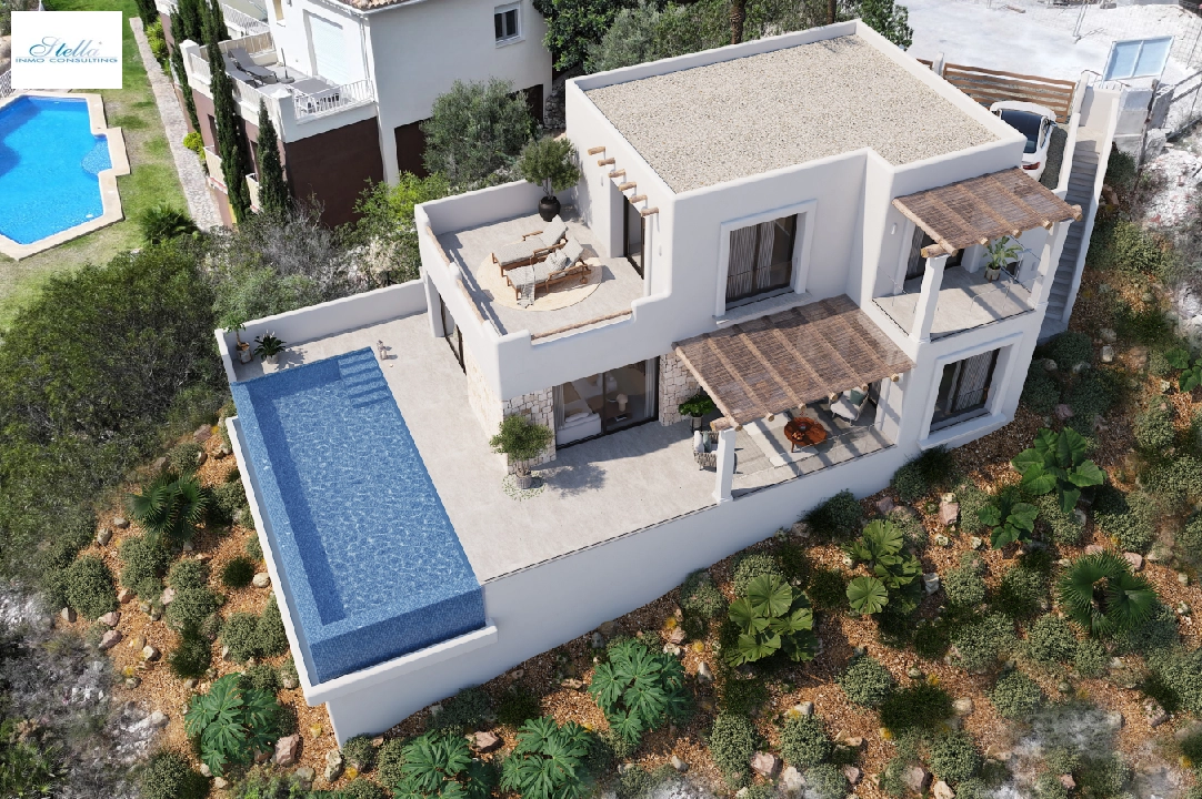 villa en Pedreguer(Monte Solana I) en venta, superficie 252 m², ano de construccion 2025, aire acondicionado, parcela 608 m², 3 dormitorios, 2 banos, piscina, ref.: UM-UV-SERPIS-24