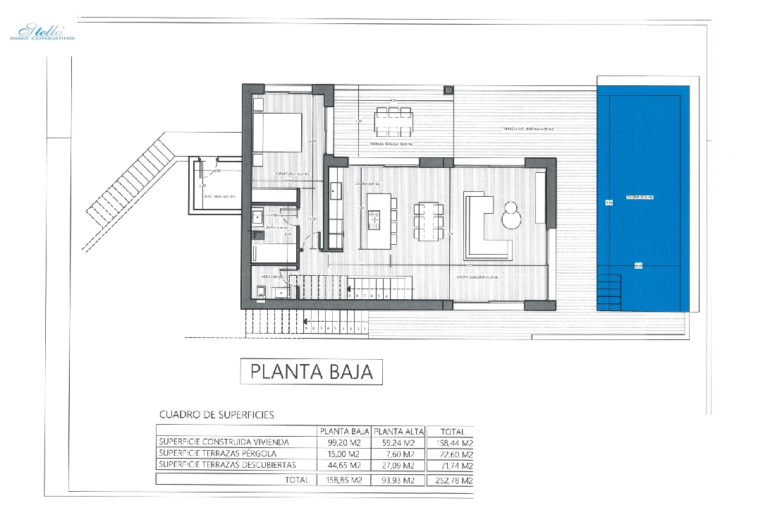 villa en Pedreguer(Monte Solana I) en venta, superficie 252 m², ano de construccion 2025, aire acondicionado, parcela 608 m², 3 dormitorios, 2 banos, piscina, ref.: UM-UV-SERPIS-26